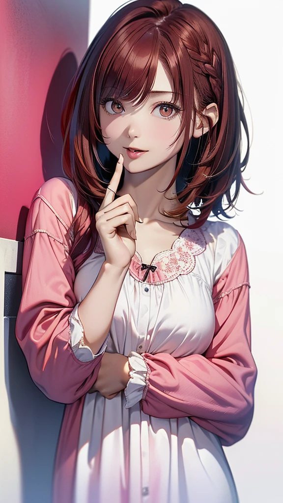 (Best Quality, 8K, Oil Painting, masutepiece:1.2), Ultra-detailed, (Realistic, Photorealistic:1.37), (((FULL BODYSHOT)))、Vibrant colors, (((Naughty look)))、(((Black and pink nightgown)))、(((Girly Nightgown)))、(((20Women of a certain age)))、(((Slightly visible chest)))、Studio Lighting, (((red hairs)))、(((Shoulder-length bob hair)))、((( White background))), (((Licking the index finger)))、(((Girly Hairstyles)))、(((bobhair)))、(((In front of a white wall)))、(((hands clapped)))、(((Nothing on the top of the head)))、