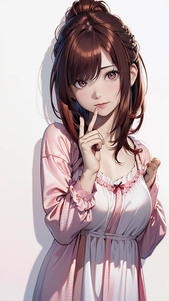 (Best Quality, 8K, Oil Painting, masutepiece:1.2), Ultra-detailed, (Realistic, Photorealistic:1.37), (((FULL BODYSHOT)))、Vibrant colors, (((Naughty look)))、(((Black and pink nightgown)))、(((Girly Nightgown)))、(((20Women of a certain age)))、(((Slightly visible chest)))、Studio Lighting, (((red hairs)))、(((Shoulder-length bob hair)))、((( White background))), (((Licking the index finger)))、(((Girly Hairstyles)))、(((bobhair)))、(((In front of a white wall)))、(((hands clapped)))、(((Nothing on the top of the head)))、