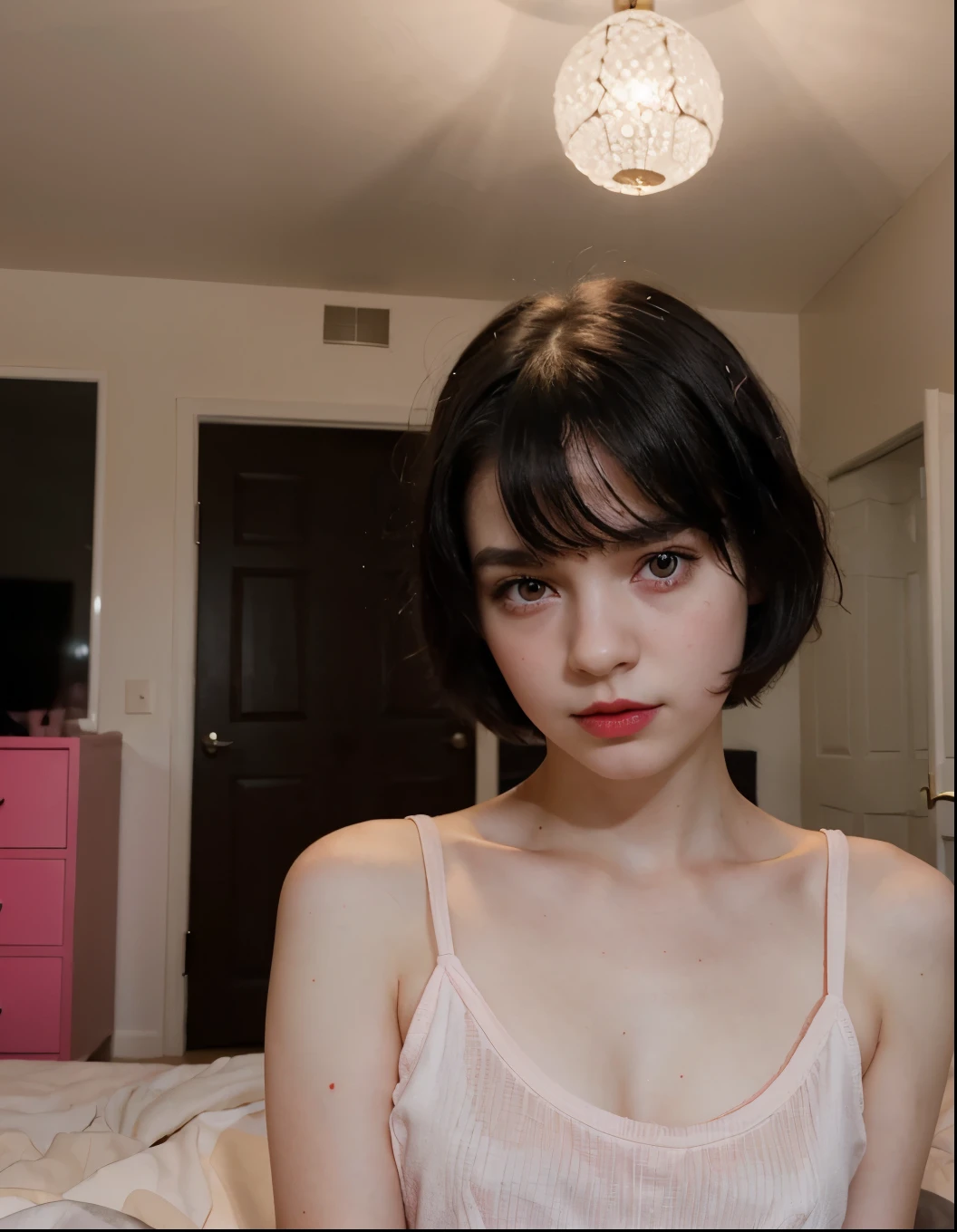 1 Cute Girl, 8 years old, short black hair, pale skin, pink lipstick, bedroom, good lighting, red eyes