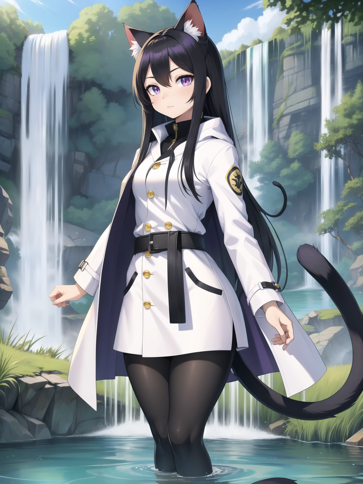 HD quality, masterpiece, wallpaper quality, detailed eyes, detailed face, solo, Female, Neko Female, cat ears, thigh-length coat, ((white coat)), grey belt around waist, Hair like Madara Uchiha, ((black anime hair)), cat eyes, purple eyes, (yellow eye), cat tail, (((black cat tail))), Thick Thighs, Lakeside, waterfall, fish in lake, ((at a lake with a waterfall)), grass, standing, looking at viewer,