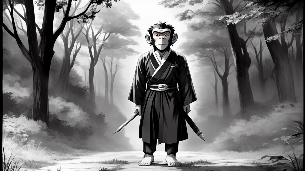 ((Masterpiece, high quality, best graphics, high definition, high definition, 4k)), old photo, vintage photo, 1 Monkey boy, (Solo), (((monkey ears, monkey tail))), ((full body)), Wooden Katana in right hand, old samurai suit, old samurai pants, (ribbon on waist), wooden sandals, looking away, standing, (((monochrome, grayscale, pencil style, old movie style, noise, VHS movie, anime style))), (forest background, trees, tree shadow, grass, (((Saru to kani no Gassen anime 1917 style))).