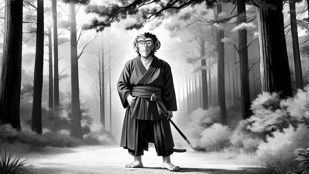 ((Masterpiece, high quality, best graphics, high definition, high definition, 4k)), old photo, vintage photo, 1 Monkey boy, (Solo), (((monkey ears, monkey tail))), ((full body)), Wooden Katana in right hand, old samurai suit, old samurai pants, (ribbon on waist), wooden sandals, looking away, standing, (((monochrome, grayscale, pencil style, old movie style, noise, VHS movie, anime style))), (forest background, trees, tree shadow, grass, (((Saru to kani no Gassen anime 1917 style))).