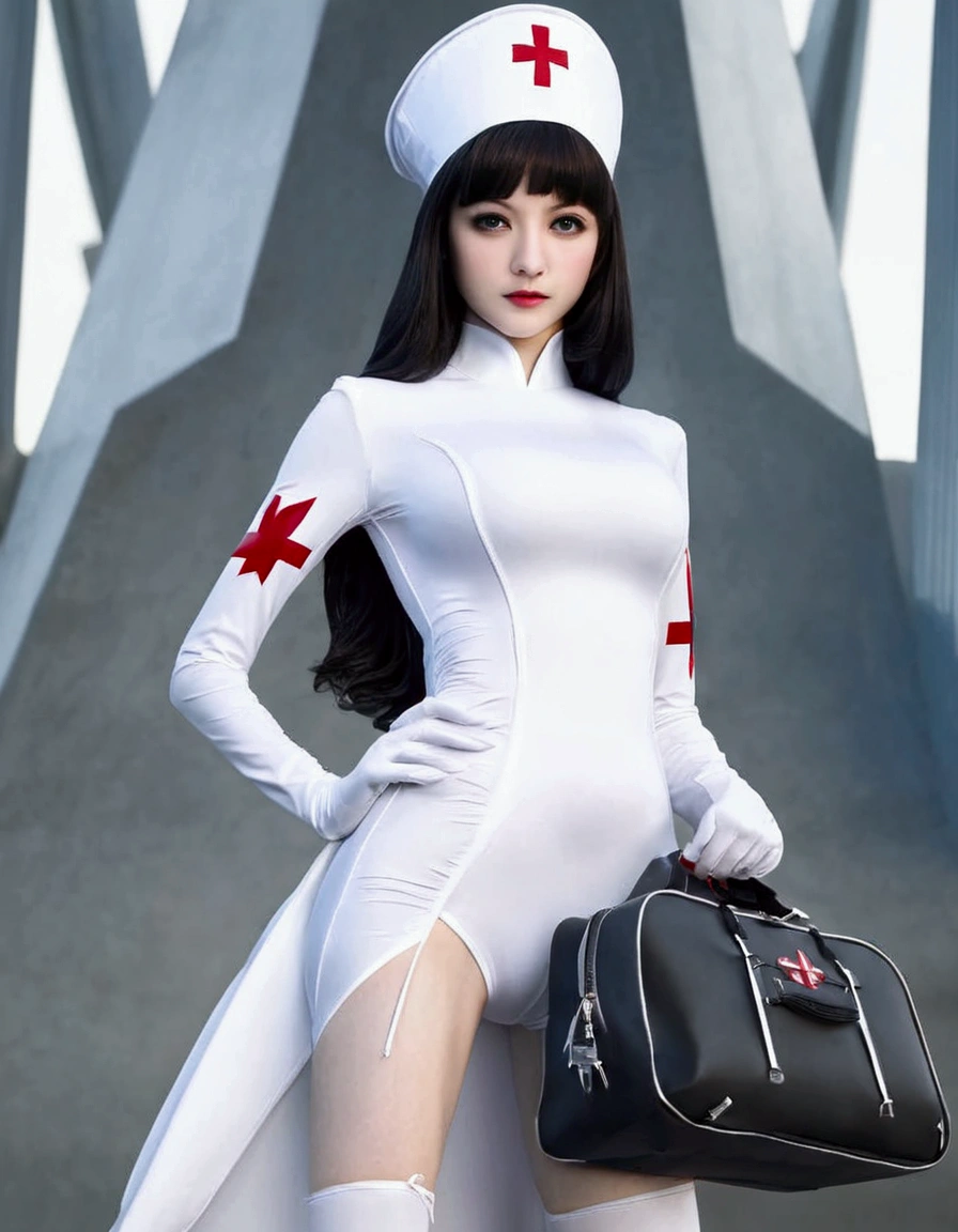 A super heroine (nurse themed outfit, athletic, amazing eyes, tool bag for surgery) in a heroic pose, aliens invade Tokyo