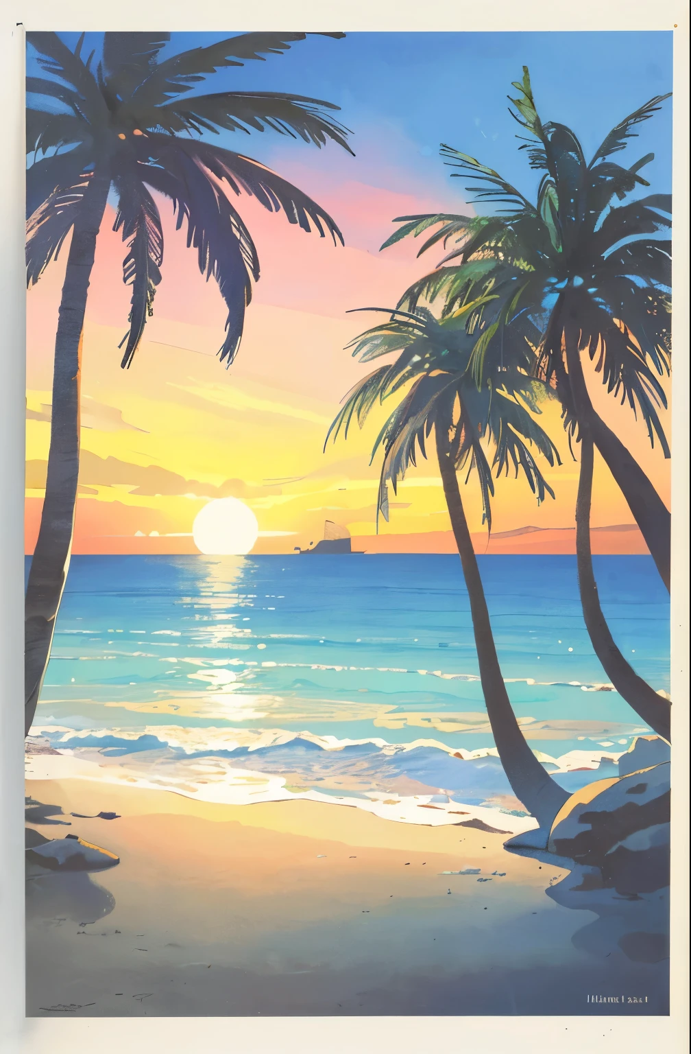 masterpiece, best quality, 1970s, California landscape in the background, palm trees sway gently in the gentle breeze, Hand drawn illustrations, Retro concept, Waves,Warm colors, The sun sets over the horizon.