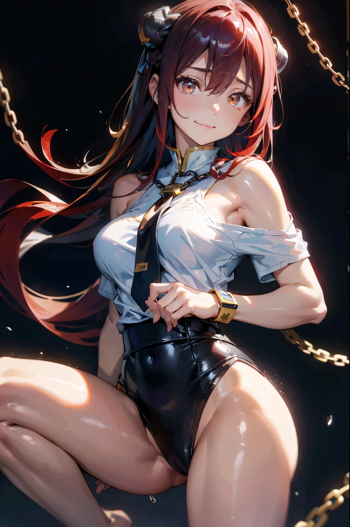 hand \(Chainaw man\), 最好of质量, Extremely detailed, 1 Girl, 独自of, permanent, Red hair, Long Braid Hair, 金色of眼睛, Bangs, 圆润of乳房, Wide hips, White shirt, tie, stare, Smile, (of:1.2), Looking at the audience, (interview:1.3), (Dark background, Chain:1.3), 巨大of , Crazy breast swelling, Chest larger than shoulder blades, Big breasts and thin waist,(巨大of breasts:1.2),Hydrated skin((rogue))((非常巨大of乳房)),((凹槽露出原有of皮肤))((Open your legs))