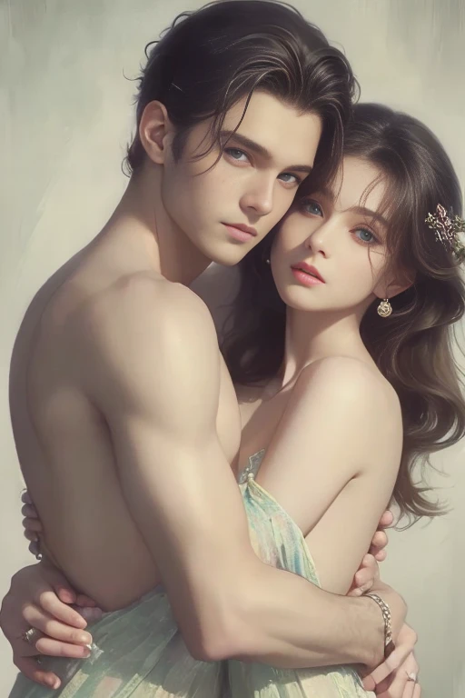 High-quality images of couples: blond man (Tall、Statue-like、Handsome and、Brave young man、Blue eyes、Curly golden hair、Wearing a grey antique military uniform) A woman with black hair (long straight black hair、Long Bangs、Blackberry eyes、A beautiful young femme fatale、naked、PRİNCESS、Hugging。They are in love with each other。Created by Boris Vallejo「Ideal Anatomy」The sketch of、It is characterized by being very detailed.。masterpiece、Detailed study of the face、Beautiful Face、Features of Beautiful Face、Perfect Image、Realistic shots、Detailed study of the face、Full body image、8k、Detailed Images、Highly detailed illustration、A true masterpiece of the highest quality、Careful drawing。Bare Skin、Gown and naked watercolor、
ゴシック、ロマンス
黒のパンティ、