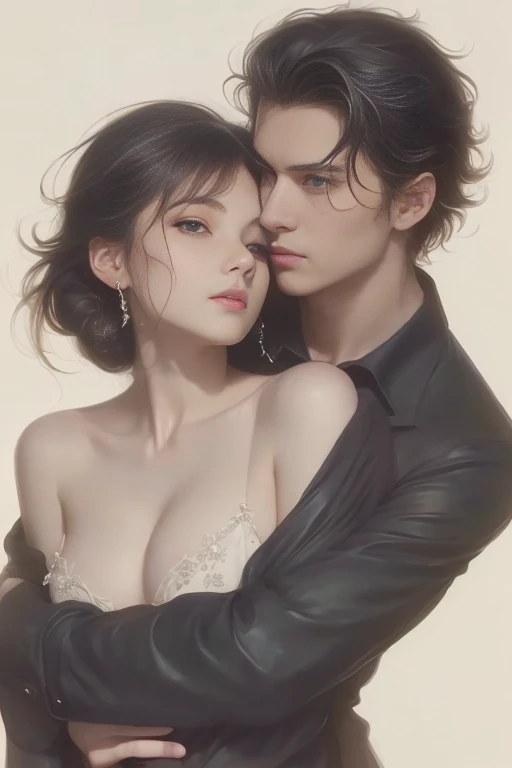High-quality images of couples: blond man (Tall、Statue-like、Handsome and、Brave young man、Blue eyes、Curly golden hair、Wearing a grey antique military uniform) A woman with black hair (long straight black hair、Long Bangs、Blackberry eyes、A beautiful young femme fatale、naked、PRİNCESS、Hugging。They are in love with each other。Created by Boris Vallejo「Ideal Anatomy」The sketch of、It is characterized by being very detailed.。masterpiece、Detailed study of the face、Beautiful Face、Features of Beautiful Face、Perfect Image、Realistic shots、Detailed study of the face、Full body image、8k、Detailed Images、Highly detailed illustration、A true masterpiece of the highest quality、Careful drawing。Bare Skin、Gown and naked watercolor、
ゴシック、ロマンス
黒のパンティ、