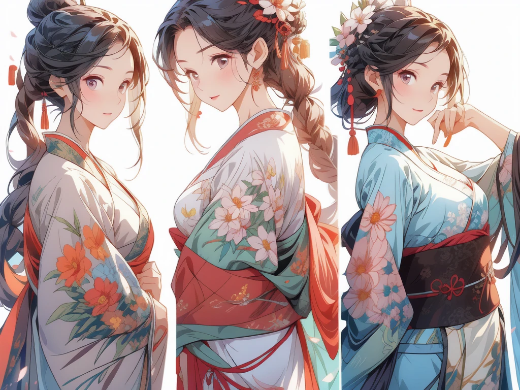 (((best quality))) , ((whole body)), 4 Women, Adult women, multiple views, White background, Various hairstyles, Various fashion styles, Sexy pose, Fashionable atmosphere, Spring Clothing, Walking posture,  Extremely detailed CG, Hanfu, Chinese style
