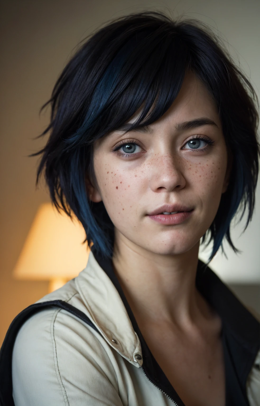 (Close-up, editorial photograph of a 21 year old woman), (highly detailed face:1.4) (smile:0.7) (background inside dark, moody, private study:1.3) POV, by lee jeffries, nikon d850, film stock photograph ,4 kodak portra 400 ,camera f1.6 lens ,rich colors, hyper realistic ,lifelike texture, dramatic lighting , cinestill 800, wavy hair, messy hair, signature short pixie hair cut with bangs, Motoko Kusanagi hairstyle, Mischievous smirk, Blue hair, Blue Eyes, freckles, White Skin, black shirt, Motoko Kusanagi Jacket from SAC: 2045, Sci Fi, Cyberpunk, Futurism, Ghost in the Shell, Astral Plane, European expressions, European woman, European skin