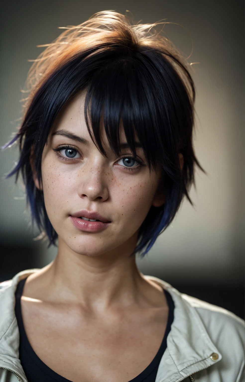 (Close-up, editorial photograph of a 21 year old woman), (highly detailed face:1.4) (smile:0.7) (background inside dark, moody, private study:1.3) POV, by lee jeffries, nikon d850, film stock photograph ,4 kodak portra 400 ,camera f1.6 lens ,rich colors, hyper realistic ,lifelike texture, dramatic lighting , cinestill 800, wavy hair, messy hair, signature short pixie hair cut with bangs, Motoko Kusanagi hairstyle, Mischievous smirk, Blue hair, Blue Eyes, freckles, White Skin, black shirt, Motoko Kusanagi Jacket from SAC: 2045, Sci Fi, Cyberpunk, Futurism, Ghost in the Shell, Astral Plane, European expressions, European woman, European skin
