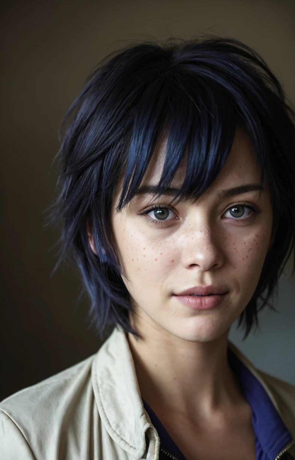 (Close-up, editorial photograph of a 21 year old woman), (highly detailed face:1.4) (smile:0.7) (background inside dark, moody, private study:1.3) POV, by lee jeffries, nikon d850, film stock photograph ,4 kodak portra 400 ,camera f1.6 lens ,rich colors, hyper realistic ,lifelike texture, dramatic lighting , cinestill 800, wavy hair, messy hair, signature short pixie hair cut with bangs, Motoko Kusanagi hairstyle, Mischievous smirk, Blue hair, Blue Eyes, freckles, White Skin, black shirt, Motoko Kusanagi Jacket from SAC: 2045, Sci Fi, Cyberpunk, Futurism, Ghost in the Shell, Astral Plane, European expressions, European woman, European skin