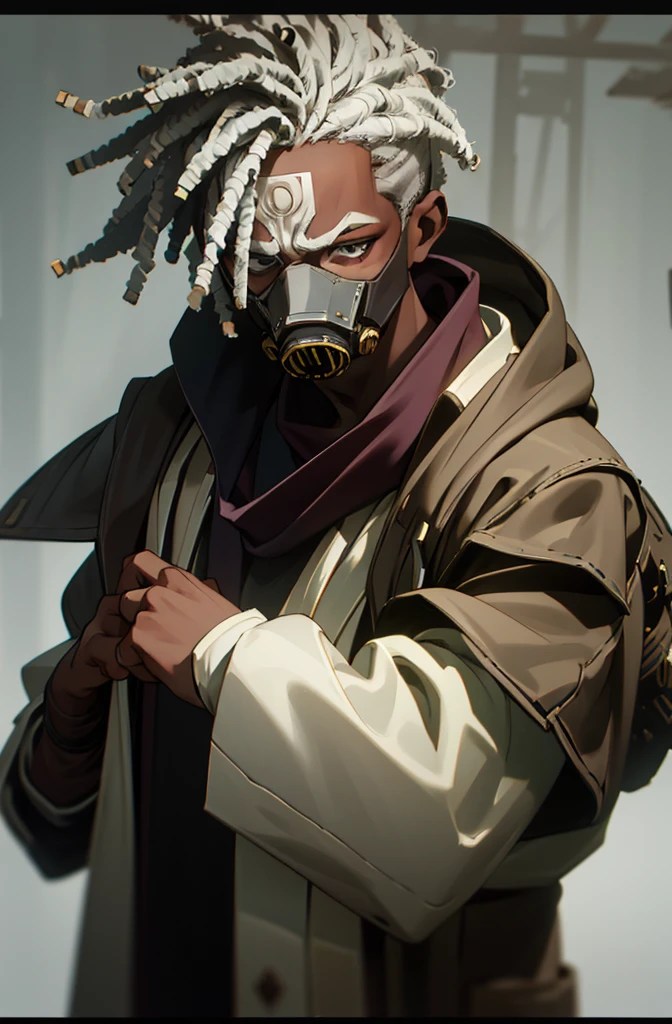Arcane style, dreadlocks, 1boy, solo, dark-skinned, male, dark skin, jacket, mask, grey hair, masterpiece, wearing mask that is covering full face