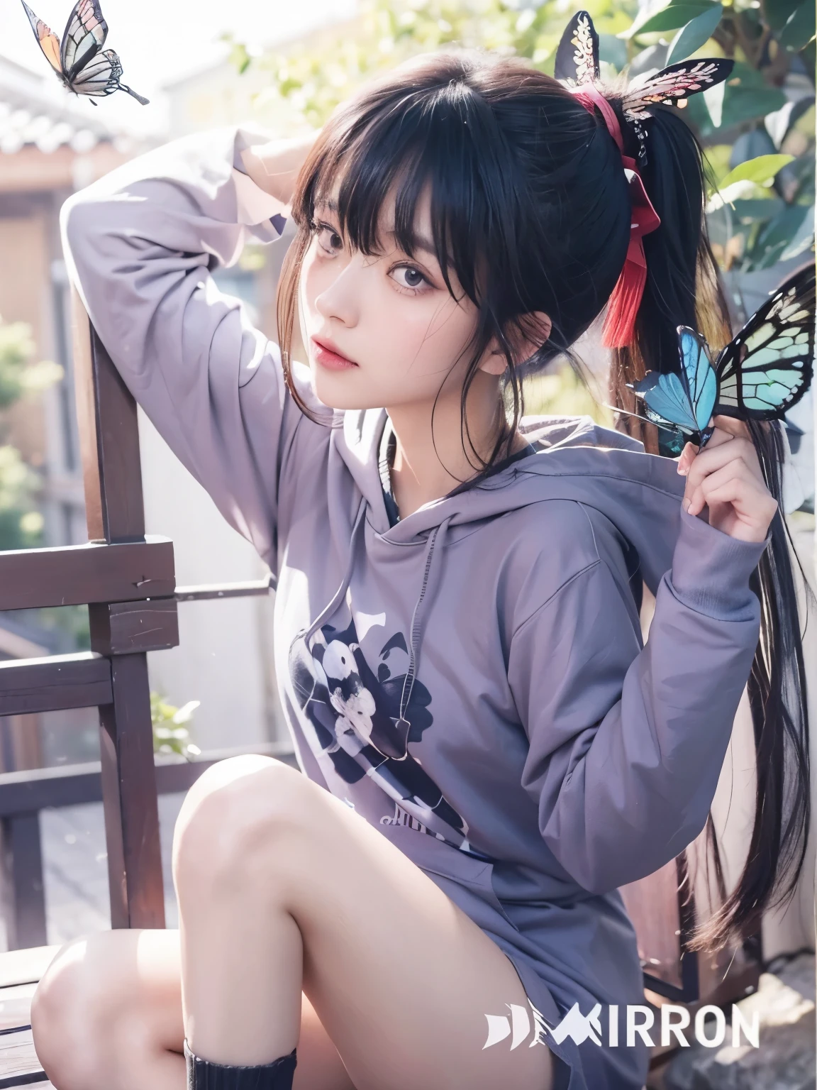 Kanao tsuyuri, demon slayer, black hair, ponytail with bangs, modern city background, flying erfly effect, detailed hand, detailed face, detailed eyes, ultra-realistic, ultra-detailed, bestquality, masterpiece.