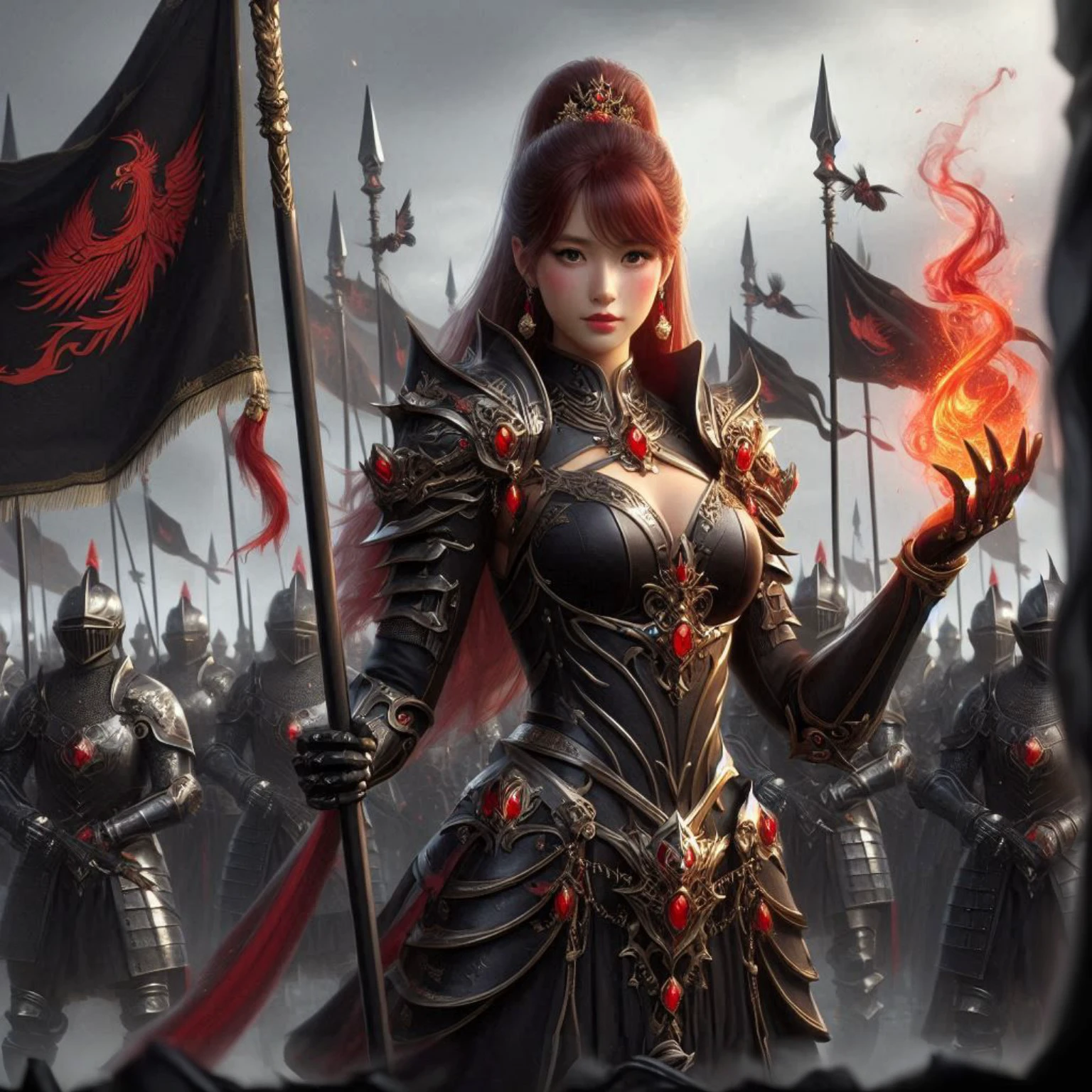 a medieval army of black steel armored knights, their faces covered,highly detailed, intricate armor, dramatic lighting, cinematic,dark moody atmosphere, epic fantasy, gritty realism, 8k, photorealistic, dramatic shadows, volumetric lighting, ornate weaponry, imposing presence, grim determination,powerful war horses, battlefield scene,stormy skies, dramatic clouds