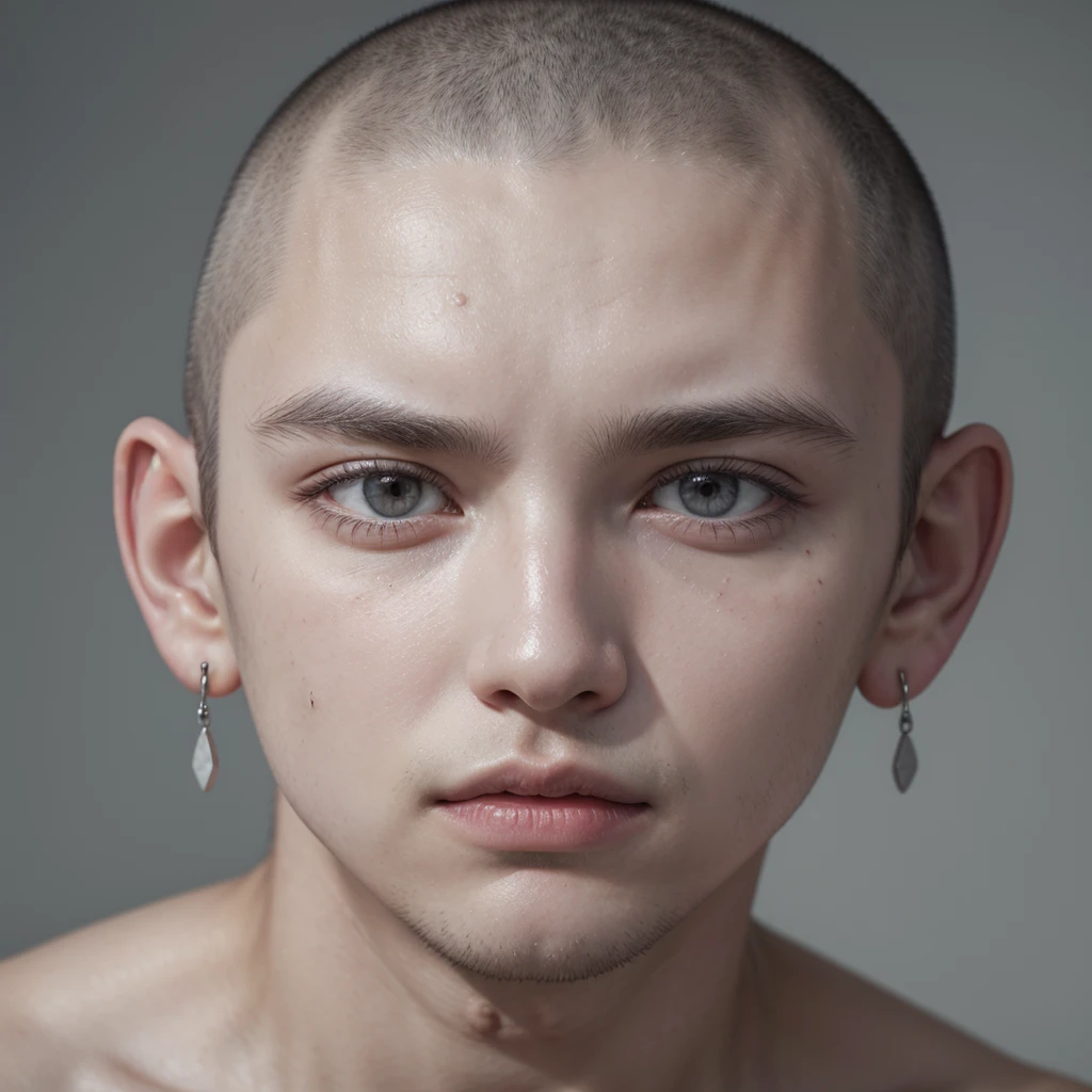 Boy with a gray face, shaved head and eyebrow line with minimalist stone earrings