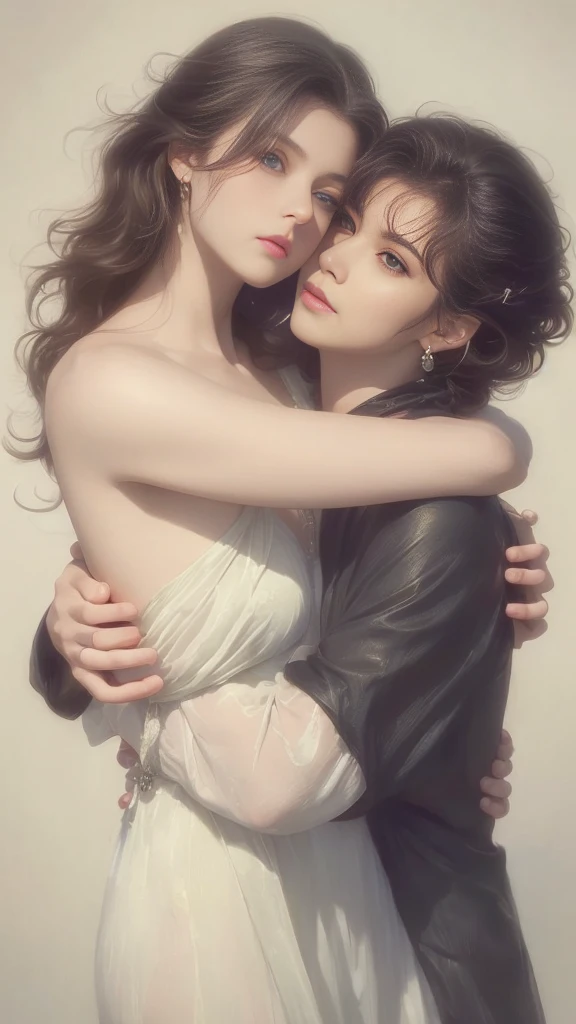 High-quality images of couples: blond man (Tall、Statue-like、Handsome and、Brave young man、Blue eyes、Curly golden hair、Wearing a grey antique military uniform) A woman with black hair (long straight black hair、Long Bangs、Blackberry eyes、A beautiful young femme fatale、naked、PRİNCESS、Hugging。They are in love with each other。Created by Boris Vallejo「Ideal Anatomy」The sketch of、It is characterized by being very detailed.。masterpiece、Detailed study of the face、Beautiful Face、Features of Beautiful Face、Perfect Image、Realistic shots、Detailed study of the face、Full body image、8k、Detailed Images、Highly detailed illustration、A true masterpiece of the highest quality、Careful drawing。Bare Skin、Gown and naked watercolor、
ゴシック、ロマンス
黒のパンティ、