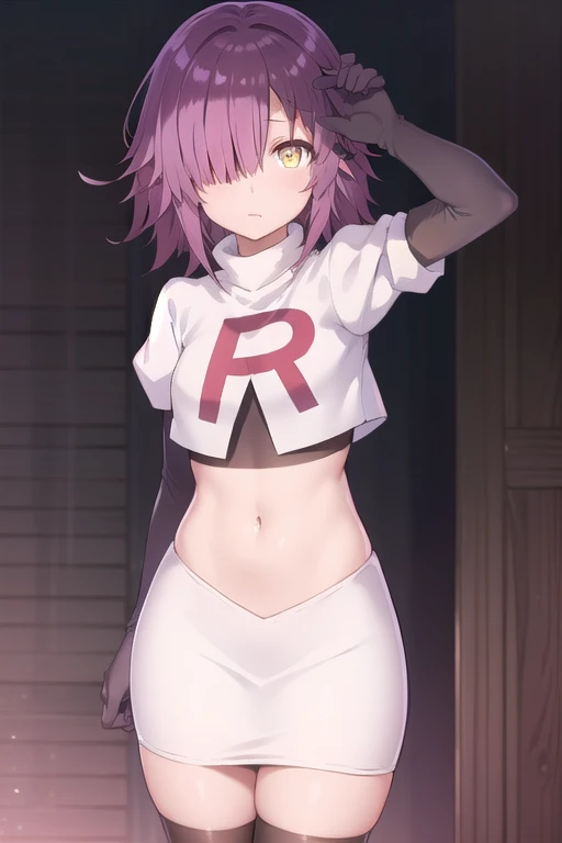 ayanofujimoto, ayano fujimoto, short hair, hair ornament, (yellow eyes:1.3), purple hair, braid, (hair over one eye:1.5),
BREAK team rocket,team rocket uniform,white skirt,red letter R,crop top,black thigh-highs,black elbow gloves,
BREAK looking at viewer,
BREAK (masterpiece:1.2), best quality, high resolution, unity 8k wallpaper, (illustration:0.8), (beautiful detailed eyes:1.6), extremely detailed face, perfect lighting, extremely detailed CG, (perfect hands, perfect anatomy),