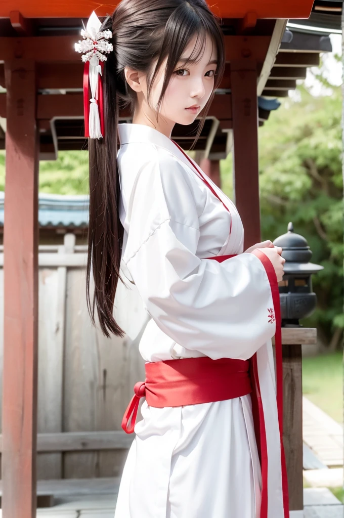 a beautiful female shinto shrine maiden, wearing a white garment with a red line from the shoulders, modest clothing covering the skin, side profile pose, long straight brown hair, silver scissor hair ornament, golden hair accessory behind the head, in a shrine courtyard, close-up of the upper body, wearing a very thin golden headband, shinto priest attire, a direct red line from the shoulders to the abdomen