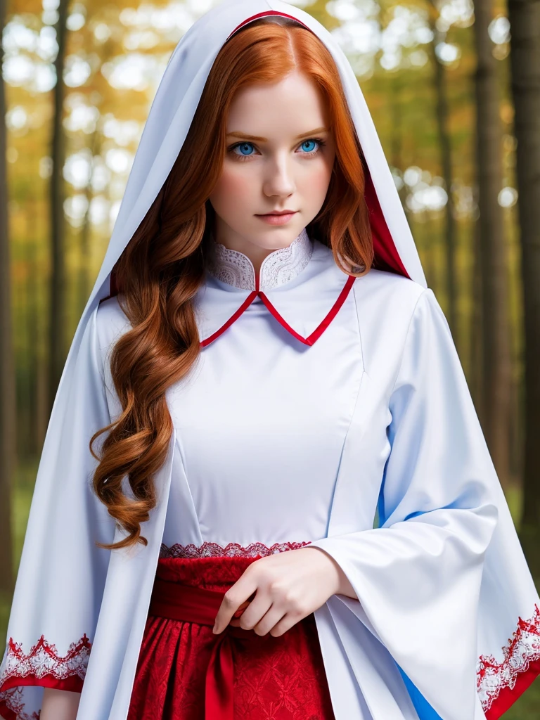 Young beautiful woman. Elf. Nun. Ginger long wavy hair. Pale skin. Light blue eyes. She frowns a little. White cassock with red patterns. Triangular collar with lace.