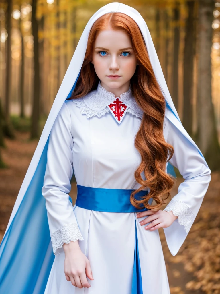 Young beautiful woman. Elf. Nun. Ginger long wavy hair. Pale skin. Light blue eyes. She frowns a little. White cassock with red patterns. Triangular collar with lace.