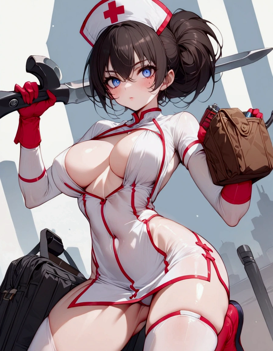 A super heroine (nurse themed outfit, athletic, amazing eyes, tool bag for surgery) in a heroic pose, aliens invade Tokyo