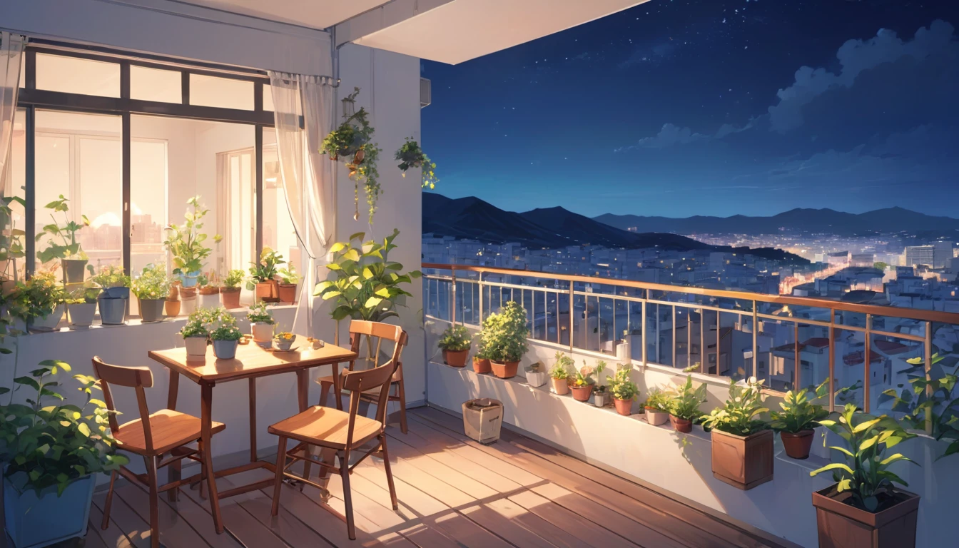 Greek capital at night、View from the balcony of a top floor apartment、Skyscrapers can be seen、The sky is dark、The city is bright、The balcony is lined with potted plants.、There is a small wooden table、The artwork is anime-style with vivid, bright colors.、Delicate details and soft lines and shadows、Illustrations with a calm and relaxing atmosphere