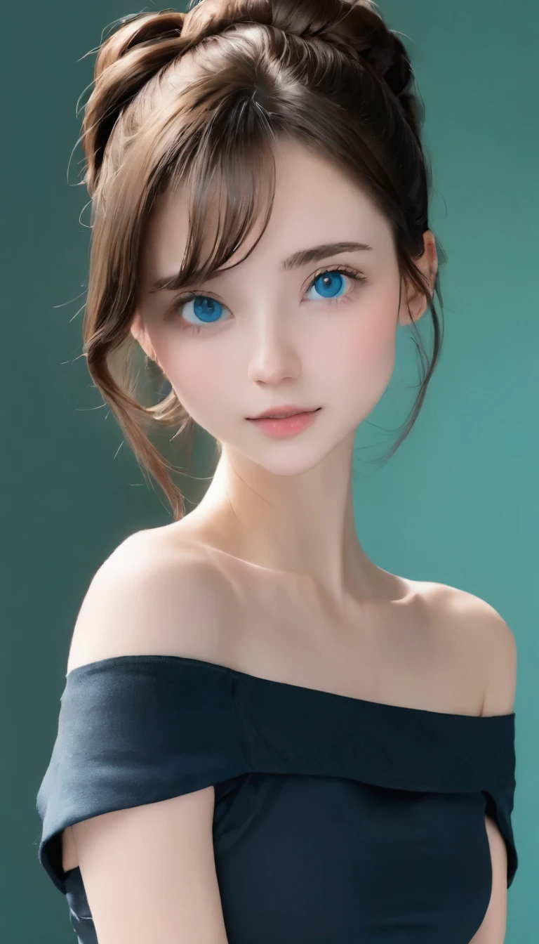 tight black top:1.2, See your viewers, cinema lighting, perfection, luz outfit, high resolution skins:1.2, realistic skin texture, 14 years、small face、without makeup、, off the shoulder,bust cup b、small neckline, blue eyes, Bun, Dark brown hair、daring pose、geometric background
