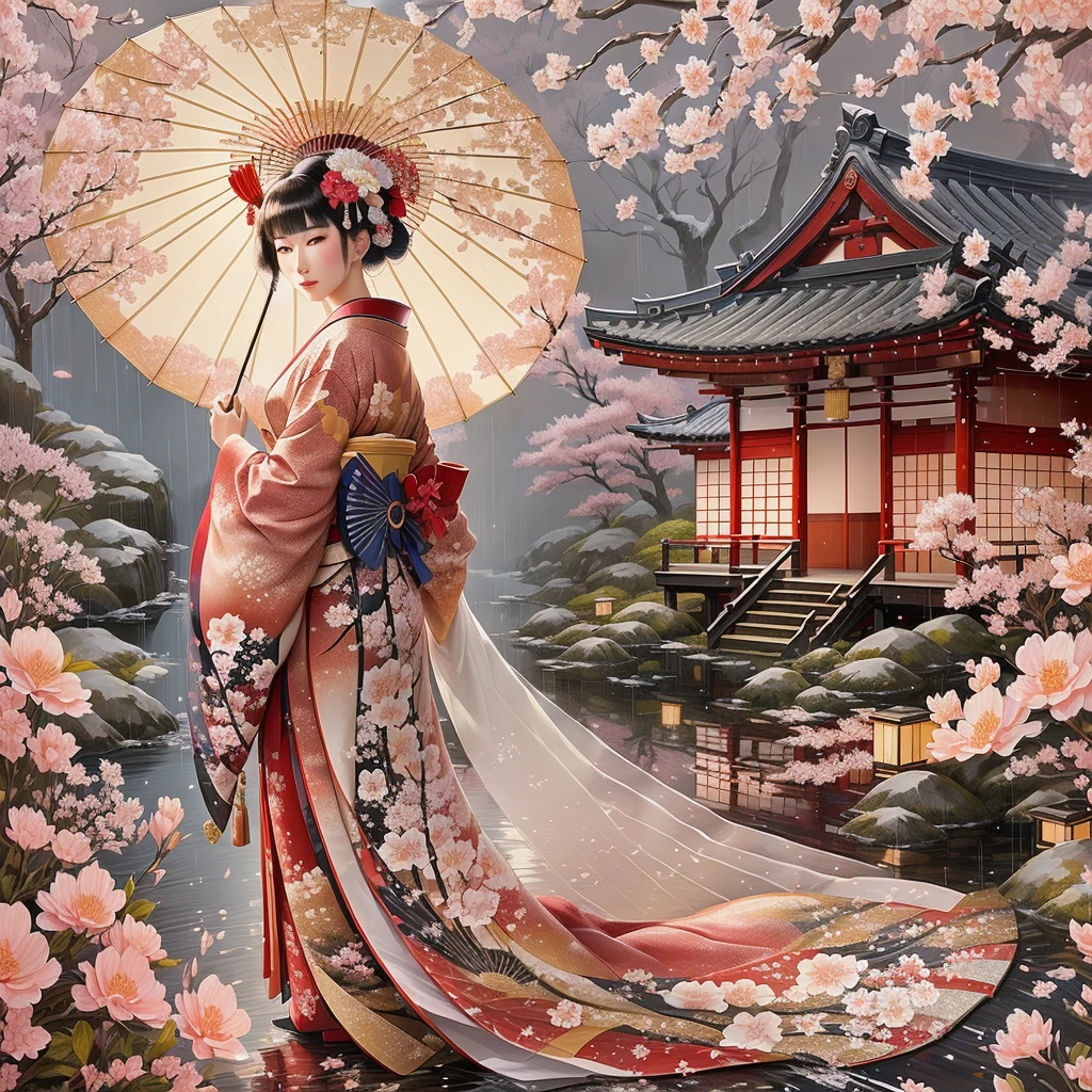 The painting shows a woman wearing a kimono.、Woman holding an umbrella, Inspired by Matsuno Konnobu, geisha prima ballerina, Japanese Goddess, Elegant Japanese woman, Inspired by Tosa Mitsunobu, Japanese Fantasy, Inspired by Fengyuan's confidant, Japanese Art, Japanese Art style, japanese geisha, geisha, Beautiful paintings