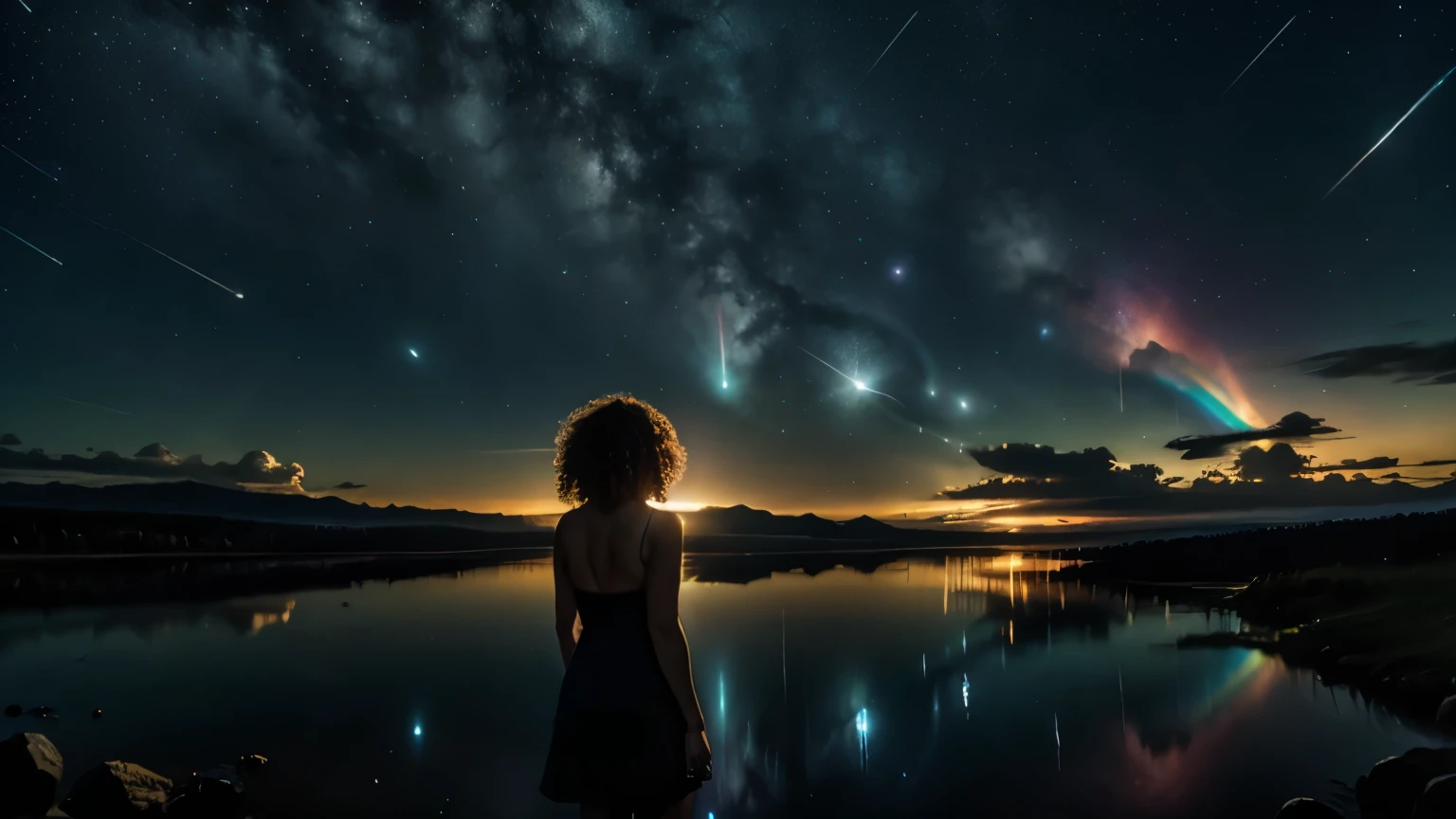 1girl, susy quatro, 25 years old, SHORT DRESS, FREE CURLY HAIR, NIGHT, hands behind the back, lake background, meteor shower, shooting star, watching the sky , closeup, close-up, iridescent clouds, sun on the horizon, BREAK fire rainbow, Circumhorizontal Arc, BREAK,