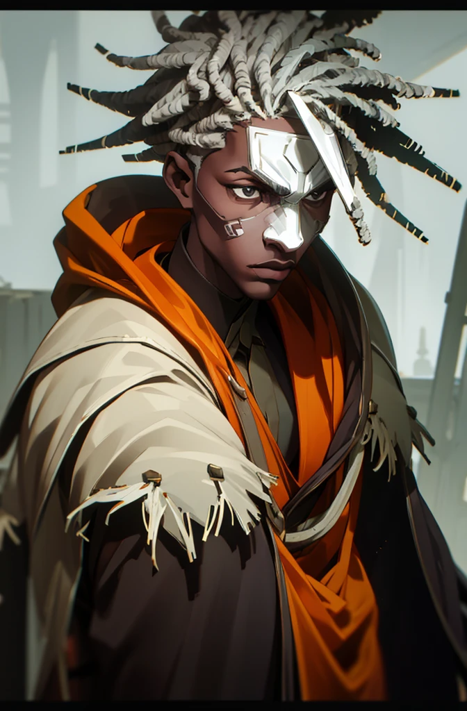 Arcane style, dreadlocks, 1boy, solo, dark-skinned, male, dark skin, jacket, mask, grey hair, masterpiece, masked face