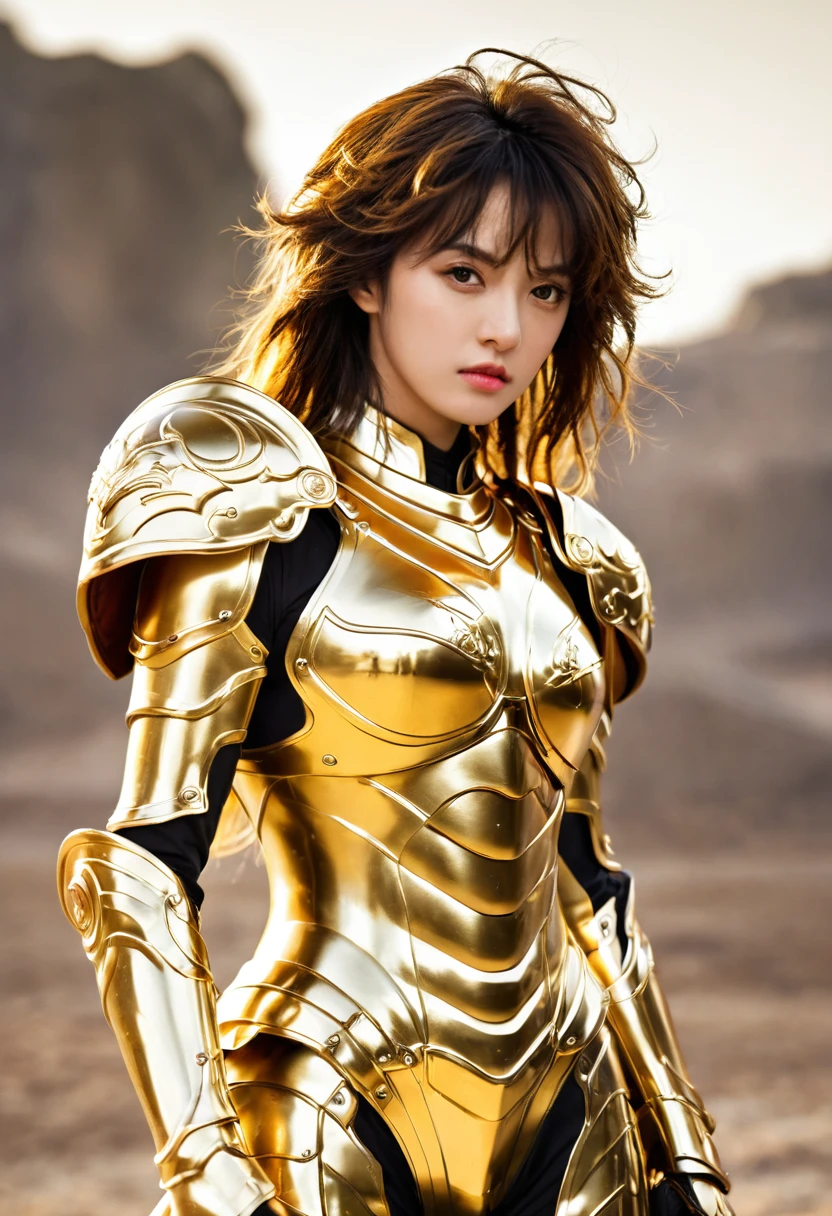 (masterpiece), (best quality), (1 girl), Girl in golden armor, Cool pose, Battlefield Background, Fire background, Saint Seiya Armor, Messy hair, Damaged Armor, Ragged clothes