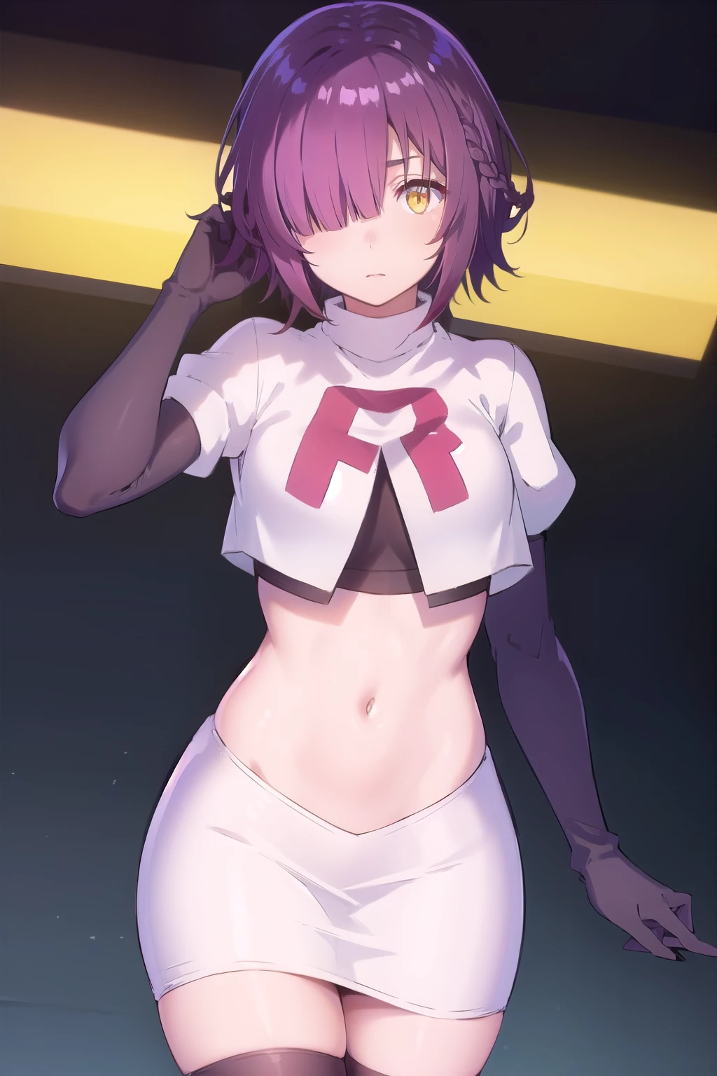 ayanofujimoto, ayano fujimoto, short hair, hair ornament, (yellow eyes:1.3), purple hair, braid, (hair over one eye:1.5),
BREAK team rocket,team rocket uniform,white skirt,red letter R,crop top,black thigh-highs,black elbow gloves,
BREAK looking at viewer,
BREAK (masterpiece:1.2), best quality, high resolution, unity 8k wallpaper, (illustration:0.8), (beautiful detailed eyes:1.6), extremely detailed face, perfect lighting, extremely detailed CG, (perfect hands, perfect anatomy),