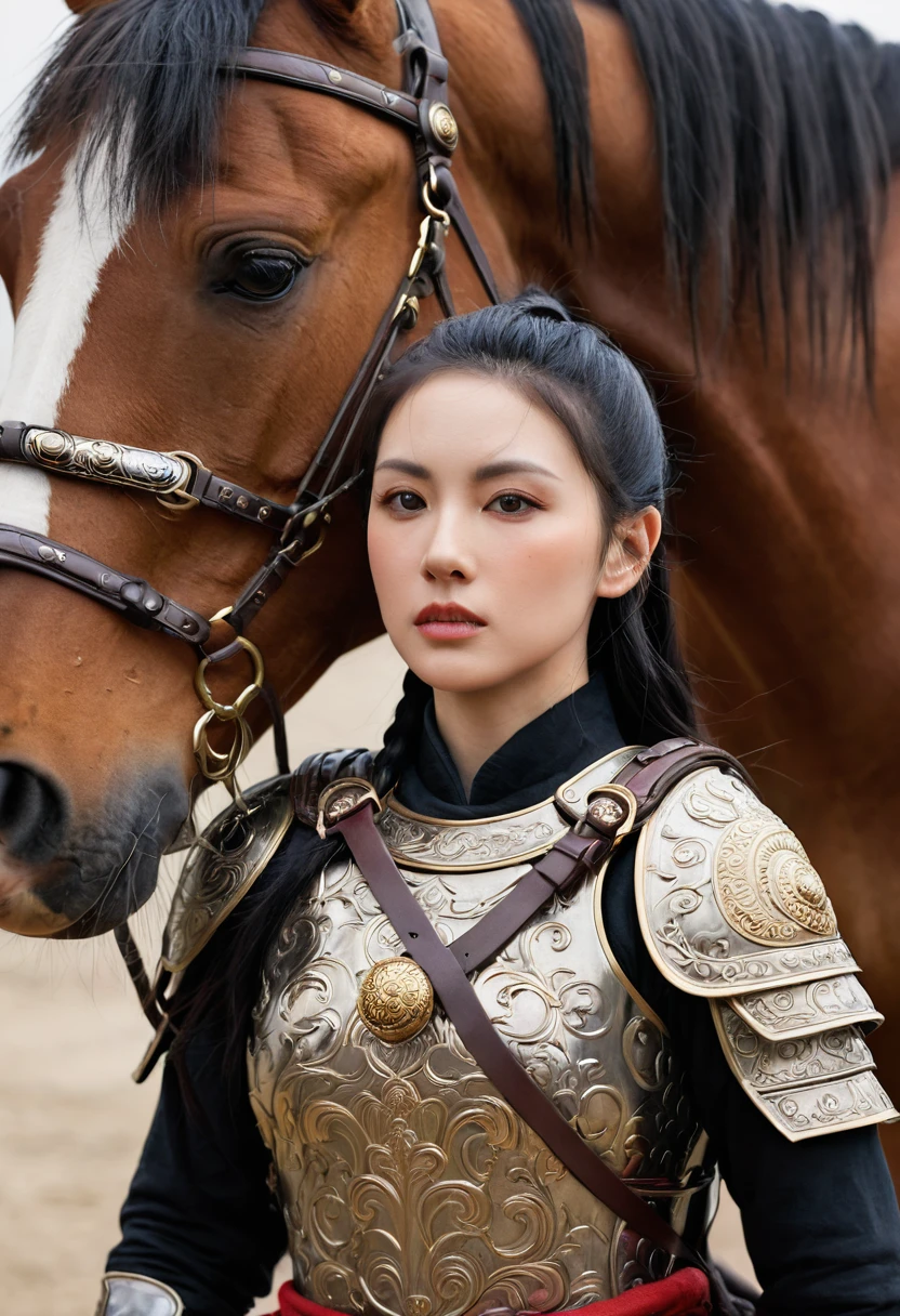 Portrait of a female warrior standing in front of a horse, Assassin's Creed Games, Photo-realistic, Post-apocalyptic