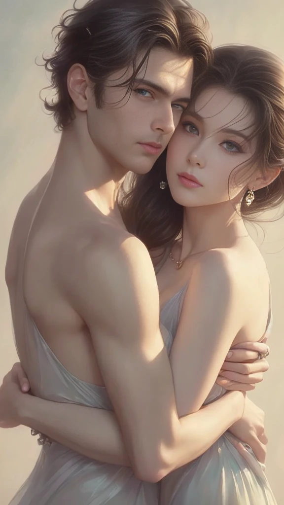 High-quality images of couples: blond man (Tall、Statue-like、Handsome and、Brave young man、Blue eyes、Curly golden hair、Wearing a grey antique military uniform) A woman with black hair (long straight black hair、Long Bangs、Blackberry eyes、A beautiful young femme fatale、naked、PRİNCESS、Hugging。They are in love with each other。Created by Boris Vallejo「Ideal ???????」The sketch of、It is characterized by being very detailed.。masterpiece、Detailed study of the face、Beautiful Face、Features of Beautiful Face、Perfect Image、Realistic shots、Detailed study of the face、Full body image、8k、Detailed Images、Highly detailed illustration、A true masterpiece of the highest quality、Careful drawing。Bare Skin、Gown and naked watercolor、

ゴシック、ロマンス
黒のパンティ、