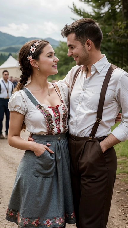 front view, 1 boy and 1 girl is exist, couple hug, hands hold each other body ,looking face to face, (1 man are dressed in Lederhosen, which are short knit pants with suspenders, often decorated with embroidery:1.3), 1 girl is 20 years-old, (brown hair ,double braid, smile), slime body, traditional German costumes from the 1930s. (The women are wearing embroidered Dirndls, which include a close-fitting bodice with a low neckline, a blouse worn under the bodice), (Black wide high-waisted knit skirt, An ankle-length skirt ), (White apron, flower arrange embroidered apron), traditional shoes, The setting is a rural village during a festival, with people engaging in traditional activities and celebrating their heritage , textured skin , HI detailed skin, (foreshortening, Canon, 8K, anatomically correct, super detail, high details, highness)