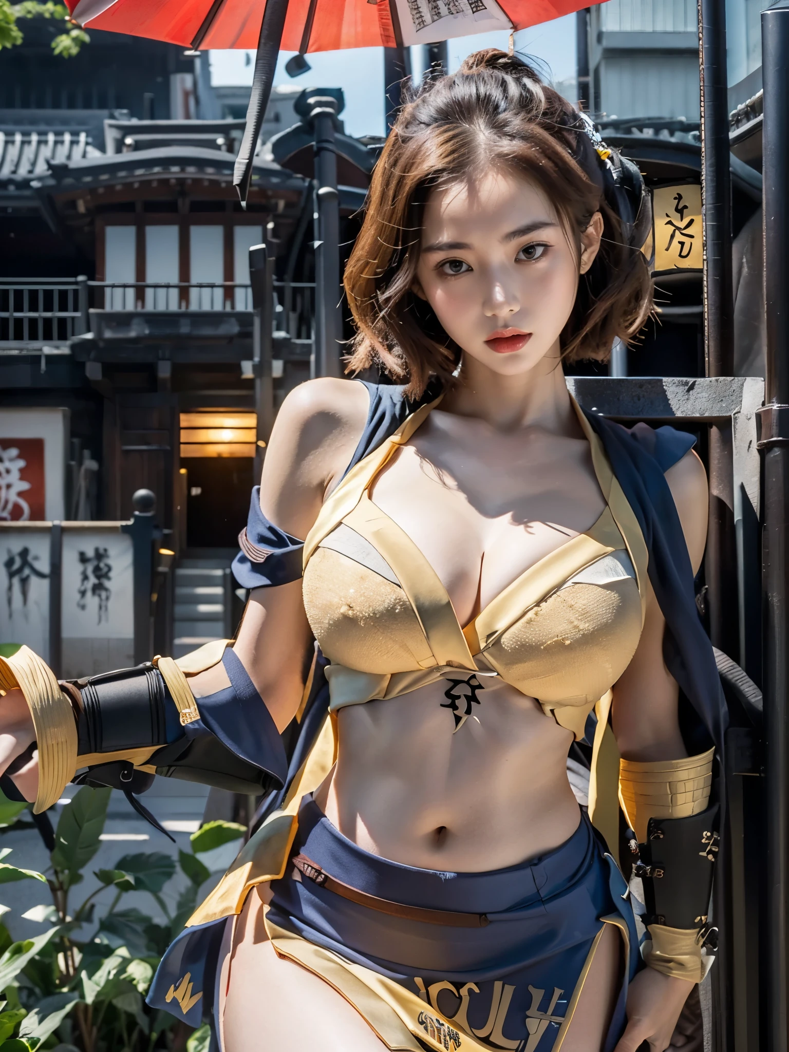 1girl,Tokyo Street,night,view of the ancient city of Japan,face details,hand details,city lights,half body view,cleavage,(((big breasts))),8k,RAW photos,best quality,masterpiece,realistic,photos  -realistic,best quality,masterpiece, very high resolution), 8K, 1girl, ((ninja suit)), from below, (((samurai detail:1,5))), natural skin texture, skin pores, texture  natural skin, dynamic poses, film details,