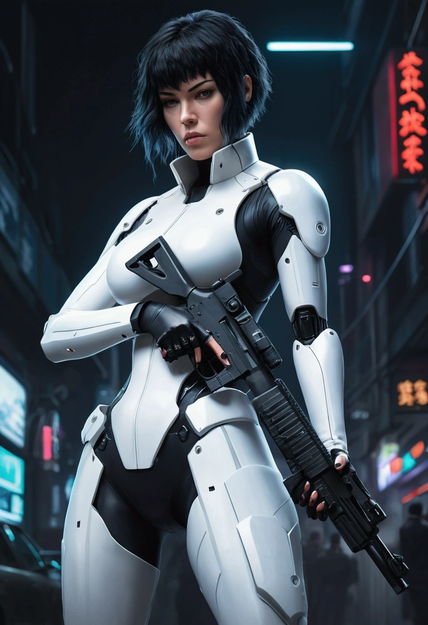 a painting of a woman in a black and white outfit with a gun, ghost in the shell art style, cyberpunk themed art, styled like ghost in the shell, cyborg girl, female cyberpunk, cyborg - girl, cyberpunk girl, cyberpunk judy alvarez, cyberpunk art, trending on cgsociety art, inspired by Marek Okon, alena aenami and android jones