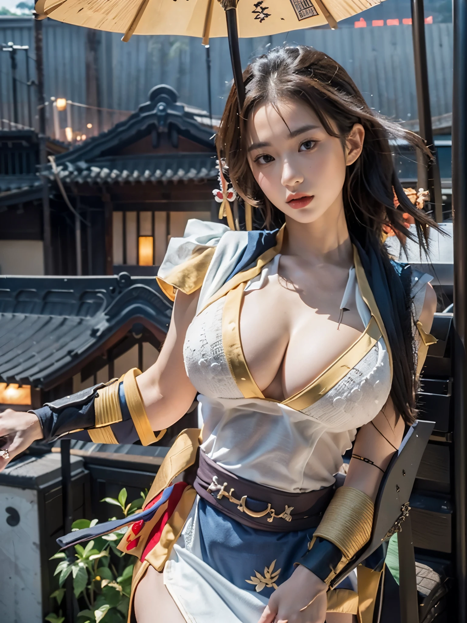 1girl,Tokyo Street,night,view of the ancient city of Japan,face details,hand details,city lights,half body view,cleavage,(((???????????))),8k,RAW photos,best quality,masterpiece,realistic,photos  -realistic,best quality,masterpiece, very high resolution), 8K, 1girl, ((ninja suit)), from below, (((samurai detail:1,5))), natural skin texture, skin pores, texture  natural skin, dynamic poses, film details,