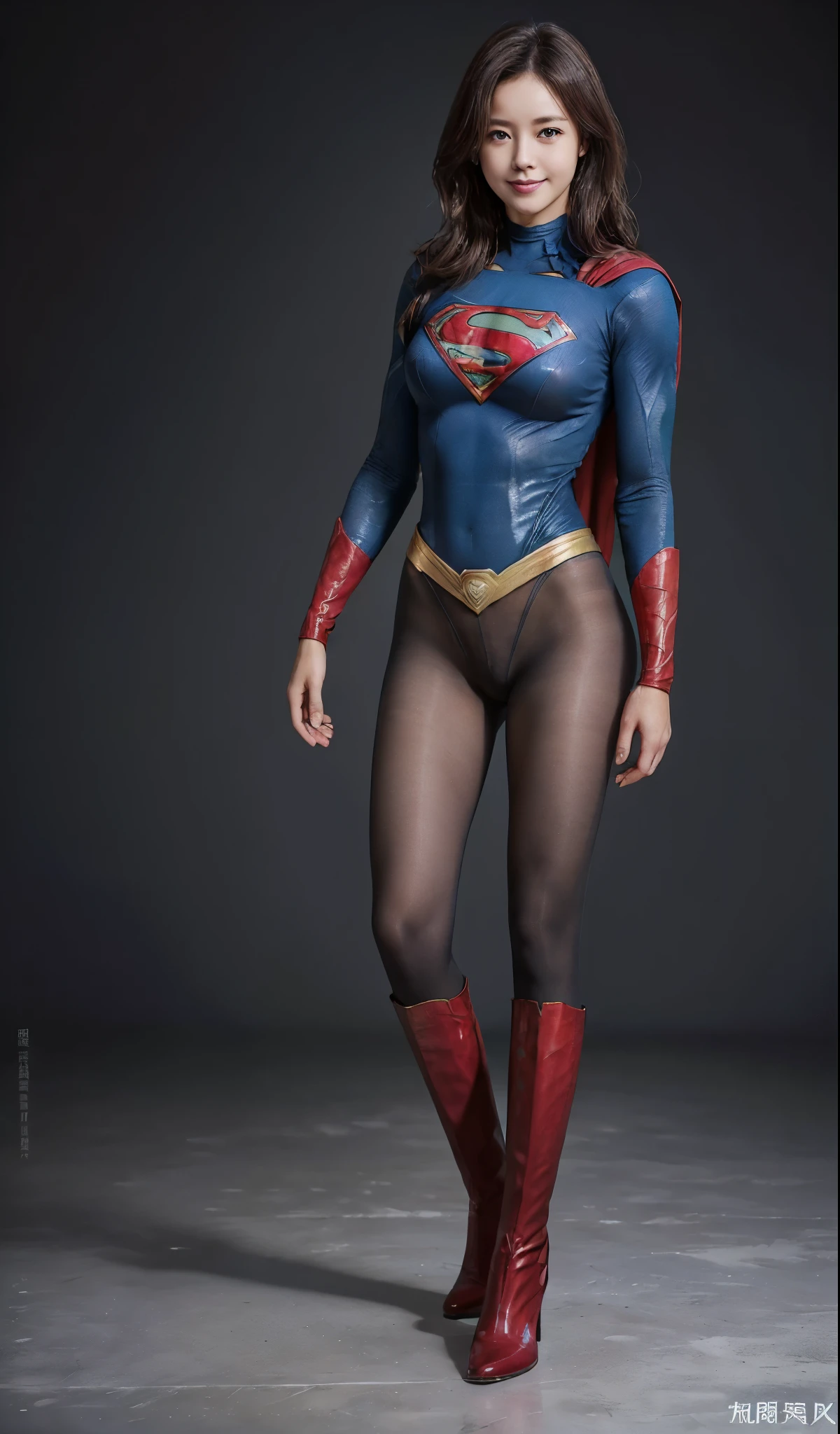 No background、(((Beautiful legs in black tights.)))、(((Legally express the beauty of your smile)))、((((Make the most of your original images)))、(((Supergirl Costume)))、(((short and beautiful hair)))、(((Smiles and winks)))、(((Please wear black tights....、Wear red boots)))、((Best image quality、8k))、((Highest quality、8k、masterpiece:1.3))、(((Preserve background )))、Sharp focus:1.2、Beautiful woman with perfect figure:1.4、Slim Abs:1.2、Wet body:1.5、Highly detailed face and skin texture、8k