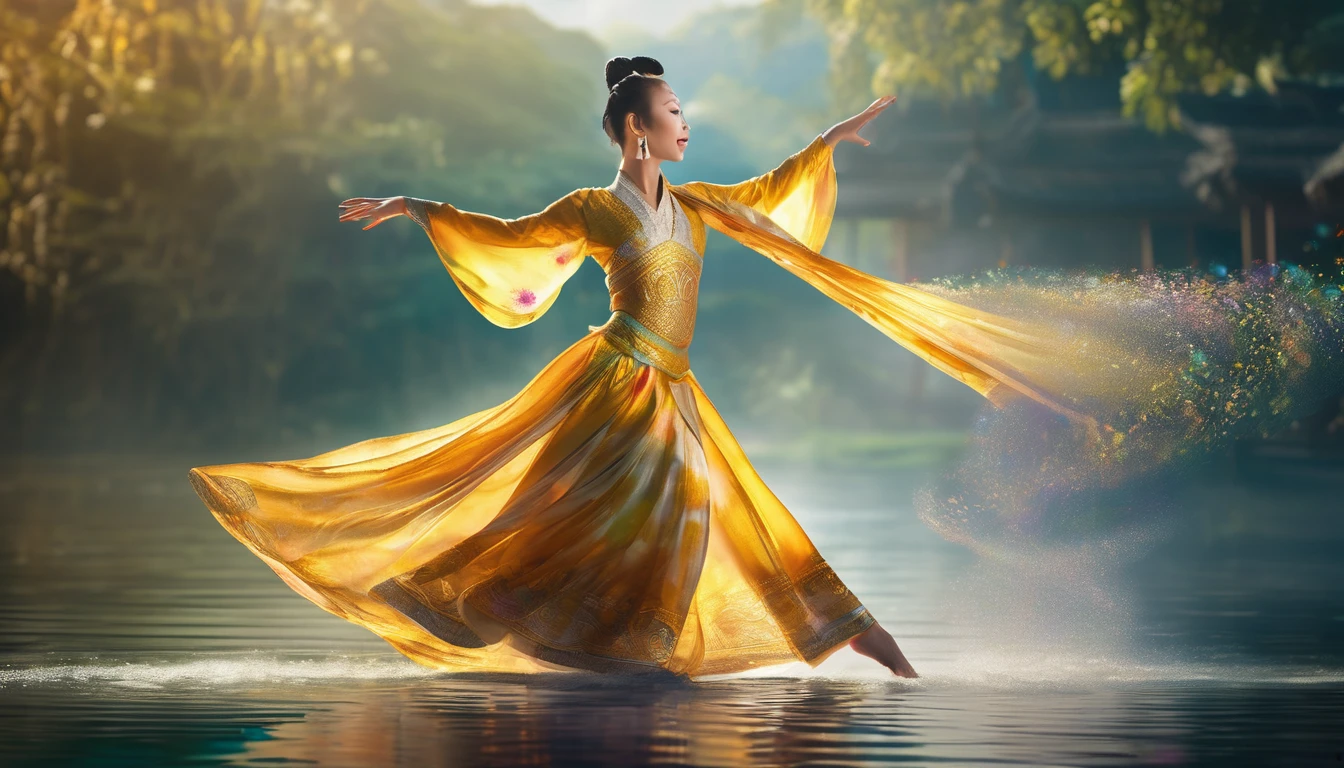 a very realistic full-body image of a beautiful young woman smiling brightly. (Thai ballet) in Thai costumes, worn at shoulder level and with Thai patterned robes length above knee Golden pointed shoes with Kanok pattern Walking on the lake where the water was still like a smooth sheet of glass, a faint white aura and smoke Water splashed around her. ,a large golden and rainbow aura The movement attacked with a white and gray aura, surreal. A pitch-black background to emphasize the clarity of a woman's fair skin. 32k resolution, all rendered in vivid, high-resolution colors.