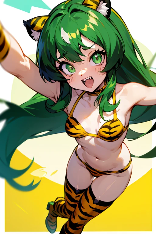 Urusei Yatsura、アグネス・Ram、bikini、(bikiniは虎柄).Small Corner、Eyeshadow Green、虎柄bikini、(It has small yellow horns on its head).Long Hair、No tiger ears needed、((Both arms、Tiger pattern arm cover)).(Tiger print boots)、Demon Horn、Drooping eyes、(8k).(Double teeth).(Green eyes).(Urusei Yatsura).(Ram)、((No tiger ears)).((Small horn)).(Glamour)、Lum.