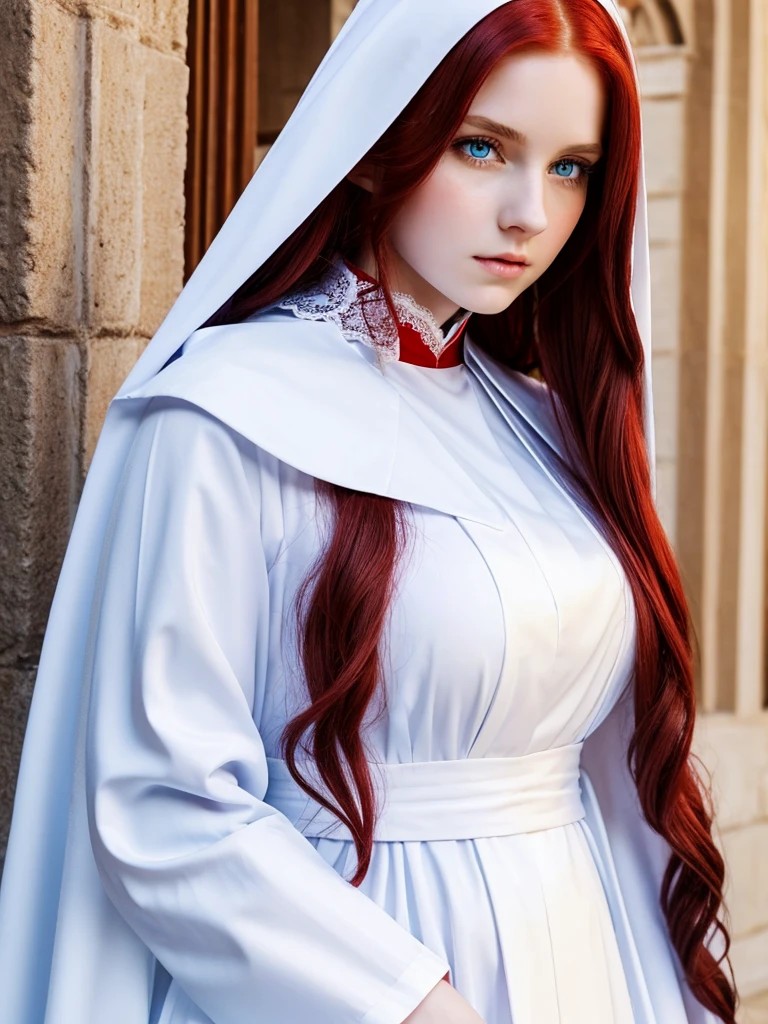 Young beautiful woman. Elf. Nun. Red long wavy hair. Pale skin. Light blue eyes. He frowns a little. Plump lips. White cassock with red patterns. Triangular collar with lace.
