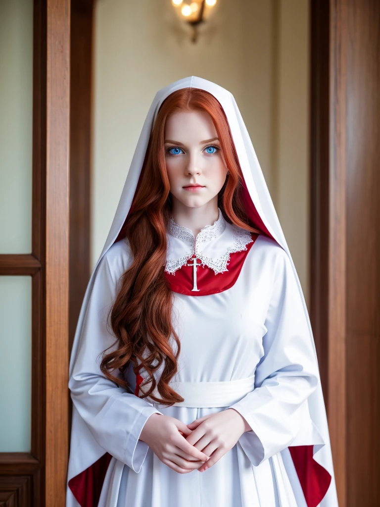 Young beautiful woman. Elf. Nun. Red long wavy hair. Pale skin. Light blue eyes. He frowns a little. Plump lips. White cassock with red patterns. Triangular collar with lace.