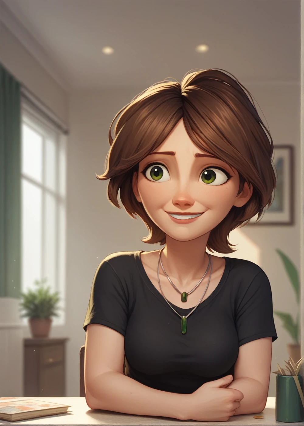 cass,1girl, solo, breasts, smile, short hair, brown hair, shirt, jewelry, green eyes, upper body, short sleeves, indoors, necklace, blurry, black shirt, score_9, score_8_up, score_7_up, score_6_up,
