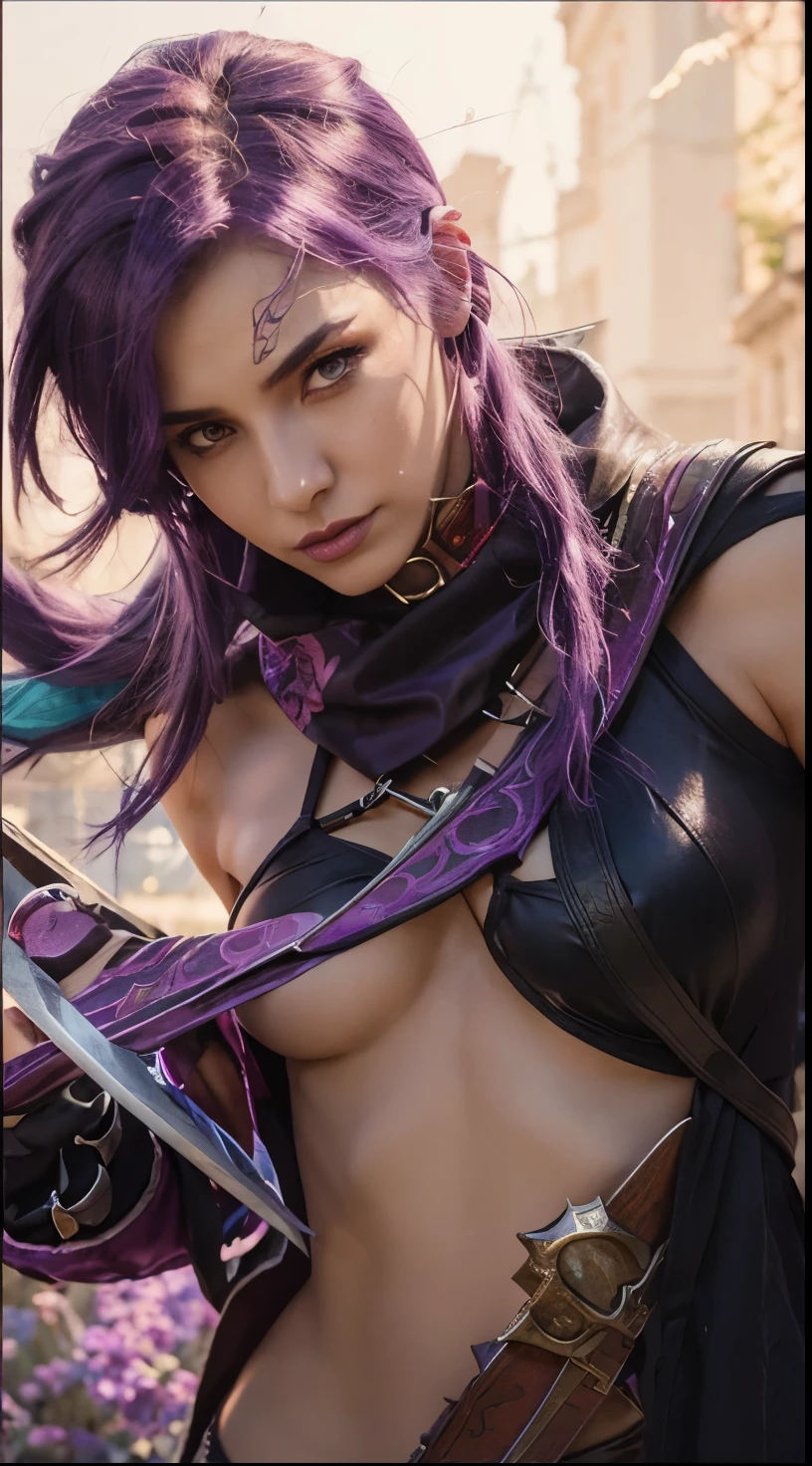 a close up of a woman with purple hair holding a sword, arcane jinx, leblanc, katarina, wild rift, zenra taliyah, samira from league of legends, style artgerm, portrait of jinx from arcane, irelia, ashe, league of legends character, artgerm style, taliyah, qiyana, red pupil