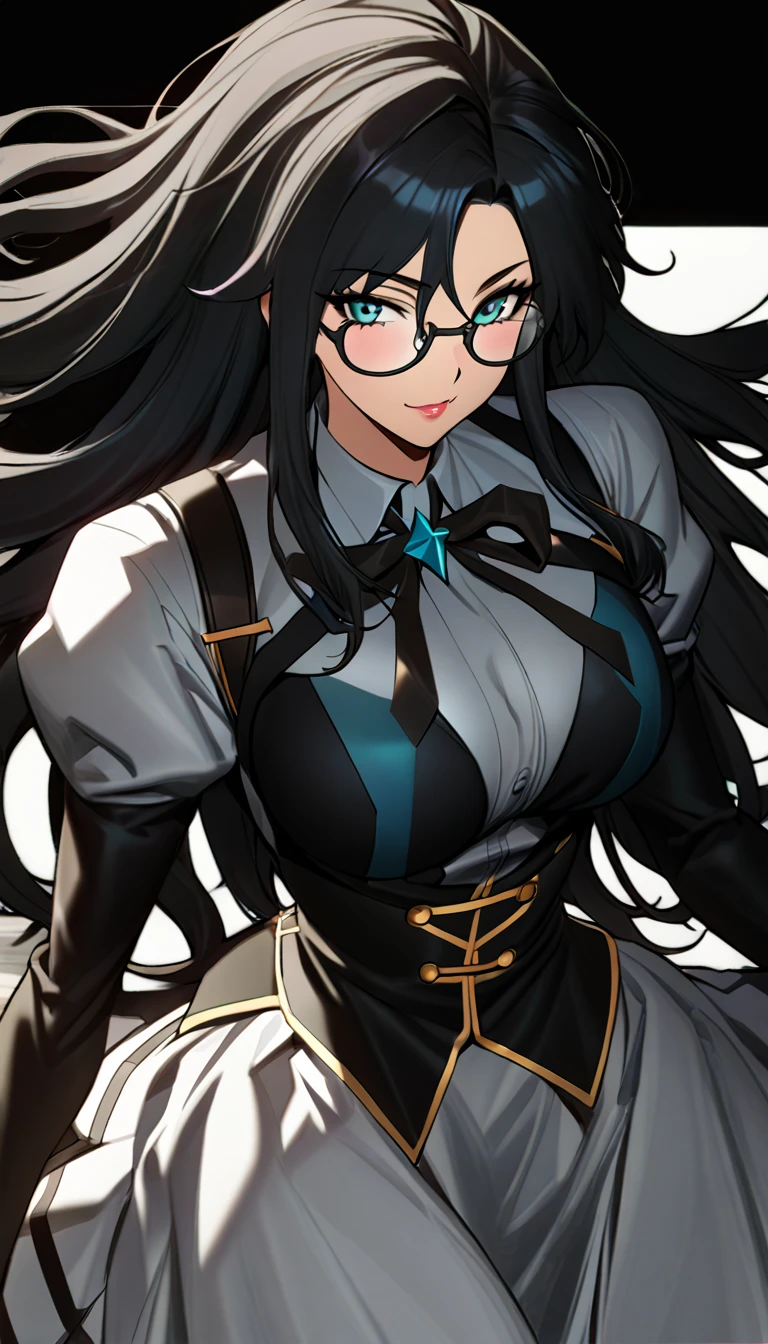 High detailed, kimtag, 1 girl, glasses, light cyan eyes,  Ebony colored hair, extremely long hair, seductive Smile, busty, chunky body, pink genetics's uniform, Juliet sleeves, ribbon, deep cleavage, white skirt, genetics's uniform, juliet sleeves, Ribbon, genetics's uniform,