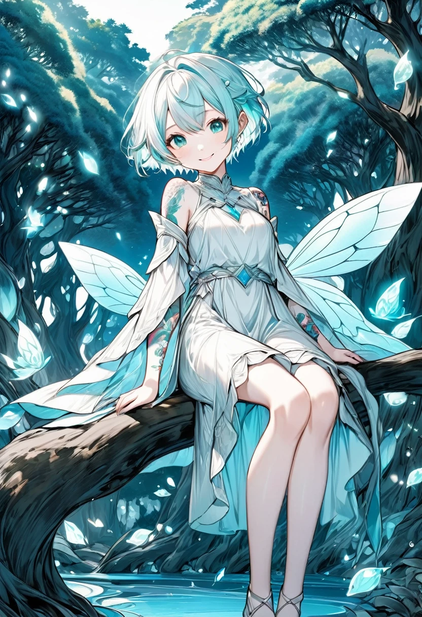 line art, iridescent white light effect, 2.5D, delicate and dynamic, pure aquamarine world, cute white elf girl, captivating smile, white short messy pixie cut, loose dress, thin flat body line, covered in tattoos, sitting, leaning against a large aquamarine tree, background aquamarine, cartoon-style images, shading, contrast magic effects, aquamarine eyes