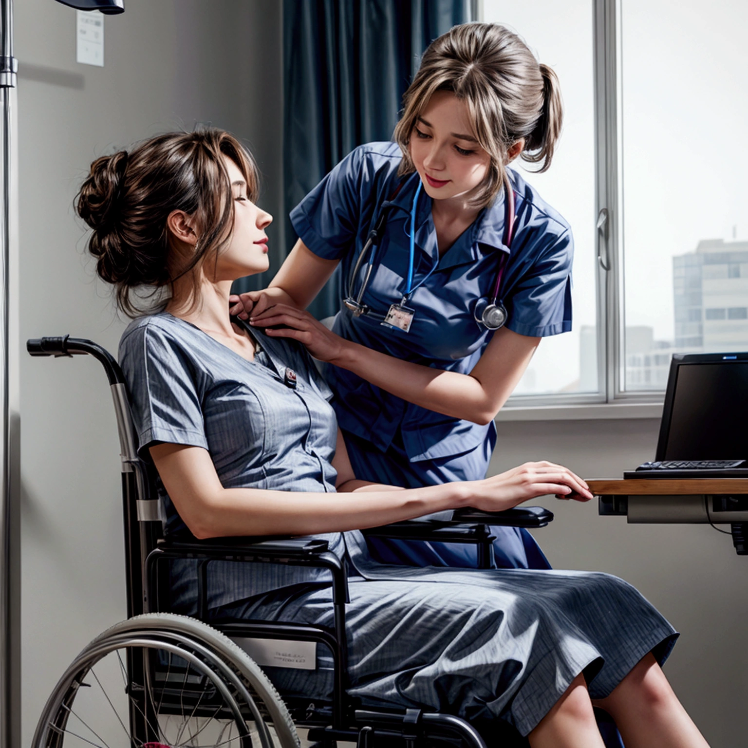 This scene shows a patient in a wheelchair being assisted by a nurse in moving around the hospital.,
A nurse practices assisting a wheelchair patient to move,
The patient is wearing casual clothing and sitting in a wheelchair.,
The nurse is pushing the patient's wheelchair from behind.,
Nurse Dress,Nurse cap,
Name tag,batch,State,
gloves,clock,Penlight,clipboard,
(A nurse assists a patient in a wheelchair in a casual outfit:1.2),