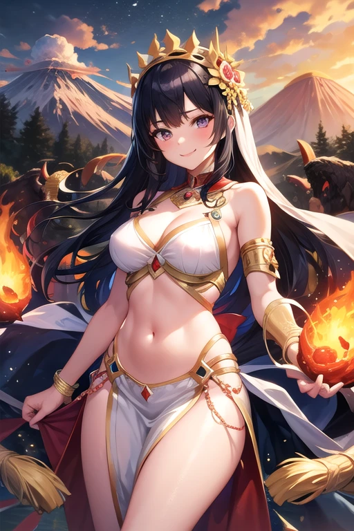 beautiful young woman, perfect body, perfect boobs, perfect thighs, long curvy messy red hair, red eyes, wearing red linen ancient tunic, highly detailed enchanted cloths, flames are twisting around her body, fire radiation, flame sparks around her, flaming field background, masterpiece, ultra realistic, 4.5 head to thighs photo, dynamic pose, blur motion, hd, 8k