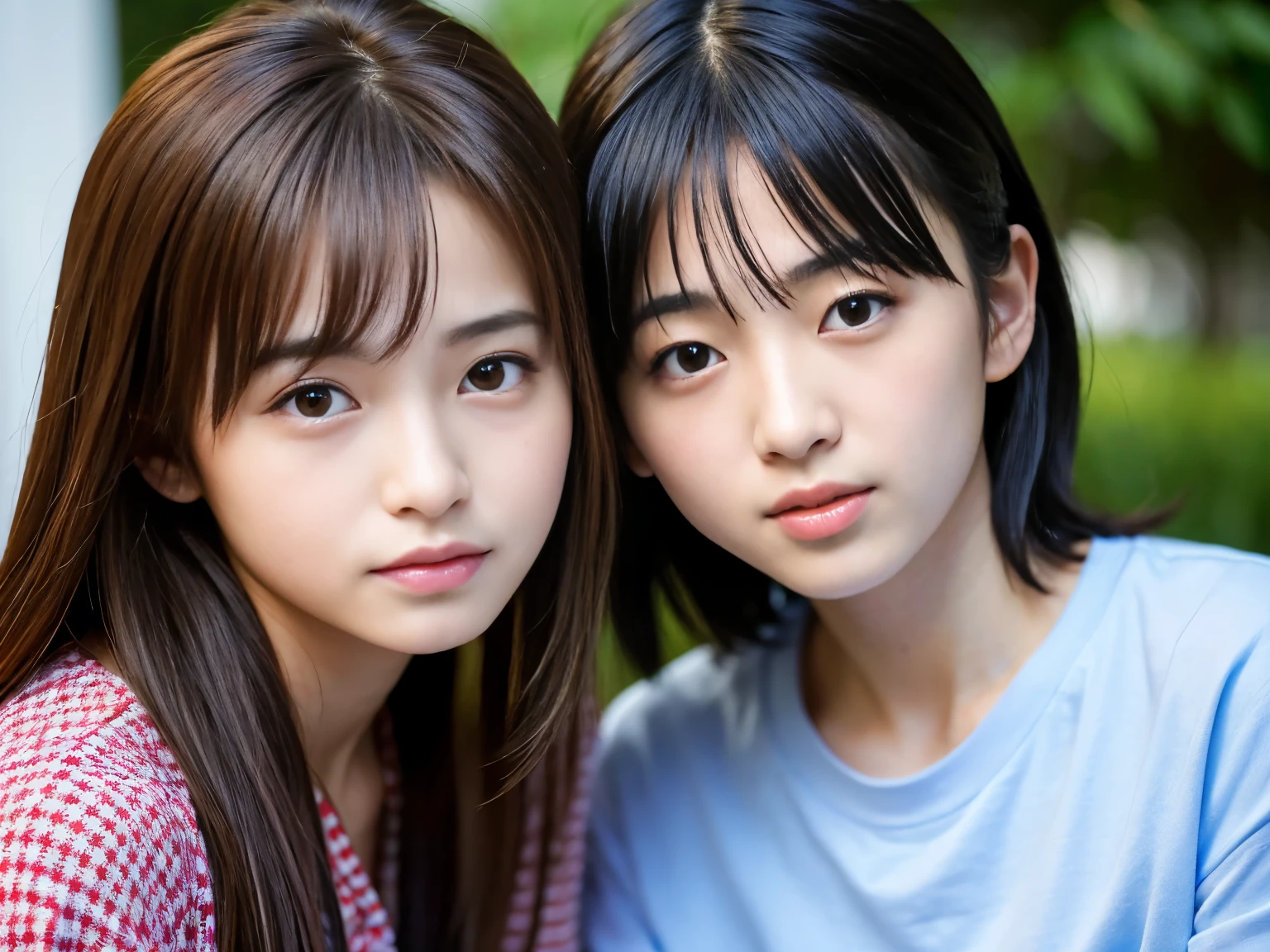 Best-quality, Masterpiece, Ultra-High-Resolution, (Photorealistic:1.4), Raw-Photo, 1girl and 1woman, 1girl is the most famous Japanese idol and 15-years-old, 1woman is the most famous Japanese actress and 30-years-old, ((both having lesbian-sex):1.5)